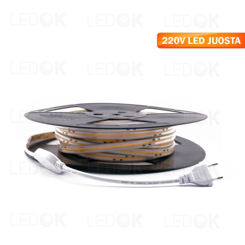 20 metrų hermetiška LED juosta 10W/m 3000K (šilta balta) 220V COB 432LED/m - LEDOK.lt