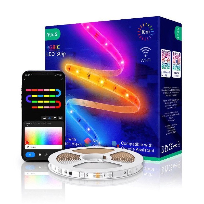 Skaitmeninės LED juostos komplektas su Wi-Fi valdikliu ir maitinimo šaltiniu, RGB IC, 10m, 36W, TUYA / Smart Life, NOUS - LEDOK.