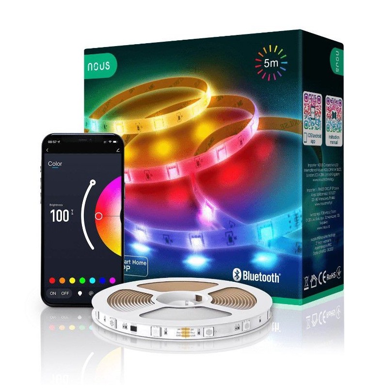 LED juostos komplektas su Bluetooth valdikliu ir maitinimo šaltiniu, RGB, 5m, 24W, TUYA / Smart Life, NOUS - LEDOK.lt