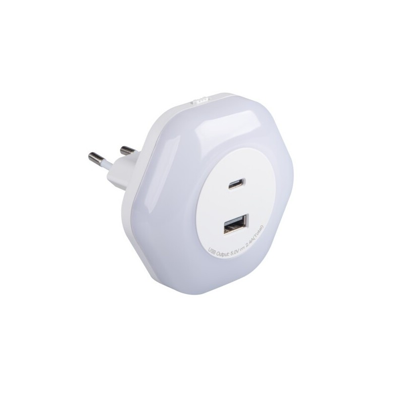 Naktinis šviestuvas jungiamas į kištukinį lizdą BOLA LED 2xUSB WW W 0,22W 220V 3000K USB-A ir USB-C (šilta balta) Balta
