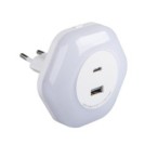 Naktinis šviestuvas jungiamas į kištukinį lizdą BOLA LED 2xUSB WW W 0,22W 220V 3000K USB-A ir USB-C (šilta balta) Balta
