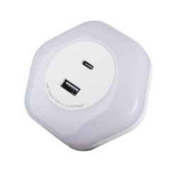 Naktinis šviestuvas jungiamas į kištukinį lizdą BOLA LED 2xUSB WW W 0,22W 220V 3000K USB-A ir USB-C (šilta balta) Balta