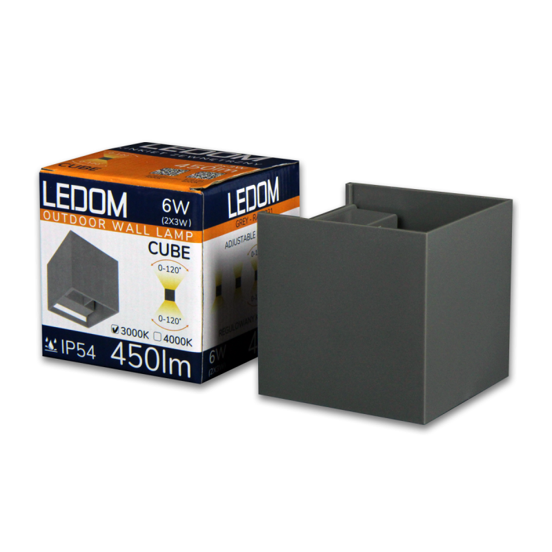 Sieninis lauko šviestuvas CUBE LED 2x3W 3000K IP54 PILKAS Šilta balta