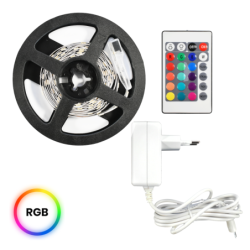LED juostos komplektas RGB 3m P54 12V 8W su nuotolinio valdymo pulteliu (maitinimo šaltinis komplekte)