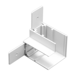 Metalinė kampinė (prie lubų 90°) jungtis paviršiniams magnetinės sistemos TAMPA bėgeliams, balta, 70×25×50 mm