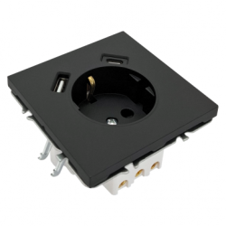 Kištukinis lizdas su USB ir Type-C, BORA, Juodas (su įžeminimu, be rėmelio)