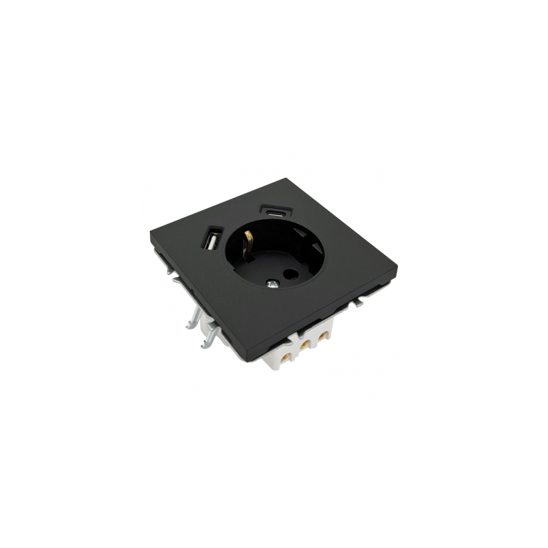 Kištukinis lizdas su USB ir Type-C, BORA, Juodas (su įžeminimu, be rėmelio)