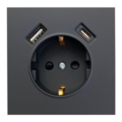 Kištukinis lizdas su USB ir Type-C, BORA, Juodas (su įžeminimu, be rėmelio)