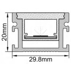 2 m įleidžiamas pilkas aliuminio profilis su baltu dangteliu 29.8x20mm