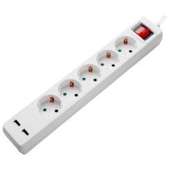 Ilgintuvas su įžeminimu 220V 1.5m, 5 lizdai, su jungikliu, 2xUSB, baltas