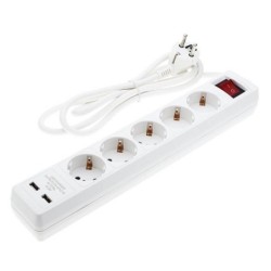 Ilgintuvas su įžeminimu 220V 1.5m, 5 lizdai, su jungikliu, 2xUSB, baltas