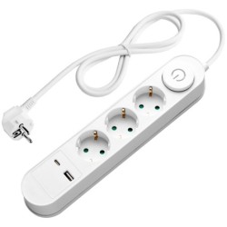 Ilgintuvas su įžeminimu 220V 1.5m, 3 lizdai, su jungikliu, 2xUSB, ovalinis, baltas