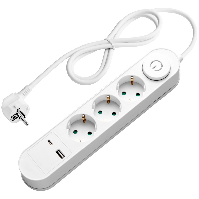Ilgintuvas su įžeminimu 220V 1.5m, 3 lizdai, su jungikliu, 2xUSB, ovalinis, baltas