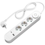 Ilgintuvas su įžeminimu 220V 1.5m, 3 lizdai, su jungikliu, 2xUSB, ovalinis, baltas
