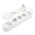 Ilgintuvas su įžeminimu 220V 1.5m, 3 lizdai, su jungikliu, 2xUSB, ovalinis, baltas