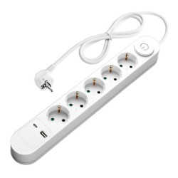 Ilgintuvas su įžeminimu 220V 1.5m, 5 lizdai, su jungikliu, 2xUSB, ovalinis, baltas