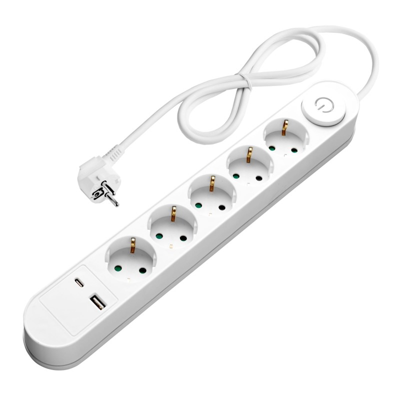 Ilgintuvas su įžeminimu 220V 1.5m, 5 lizdai, su jungikliu, 2xUSB, ovalinis, baltas