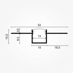 2 m užglaistomas lankstus aliuminio profilis su juodu dangteliu 52 x 15.5 mm