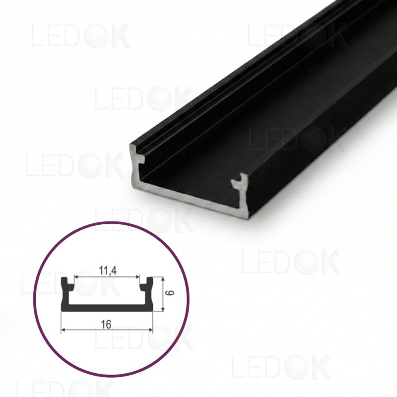 2m Juodas paviršinis aliuminis profilis LED juostoms 6x16mm