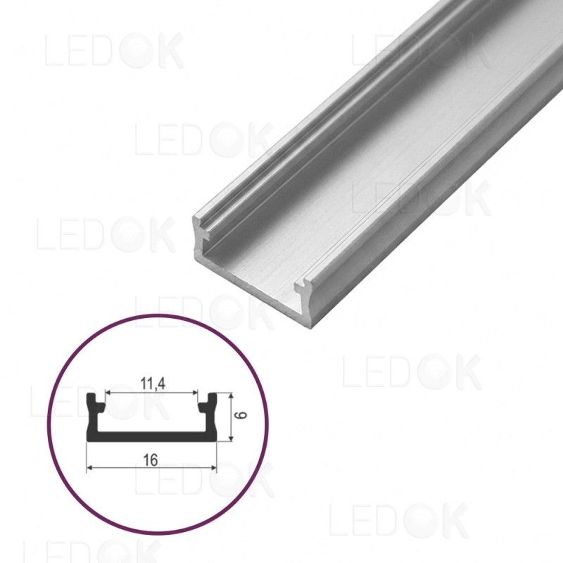 3m Pilkas paviršinis aliuminis profilis LED juostoms 6x16mm (anoduotas)