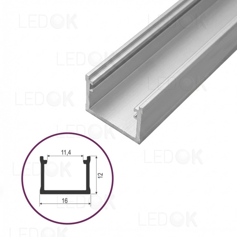 2m Pilkas paviršinis aliuminis profilis LED juostoms 12x16mm (Anoduotas)