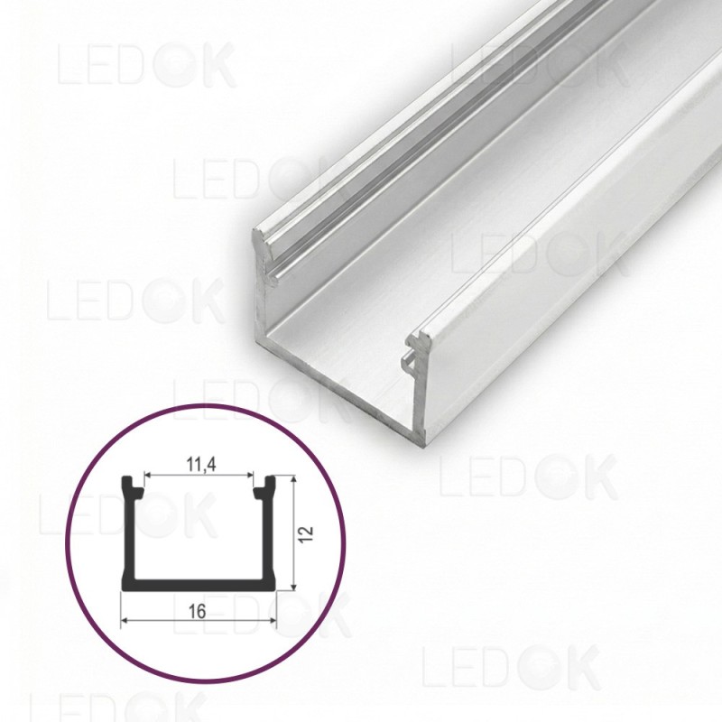 2m Baltas paviršinis aliuminis profilis LED juostoms 12x16mm