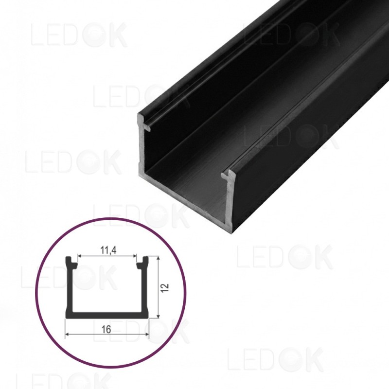 3m Juodas paviršinis aliuminis profilis LED juostoms 12x16mm