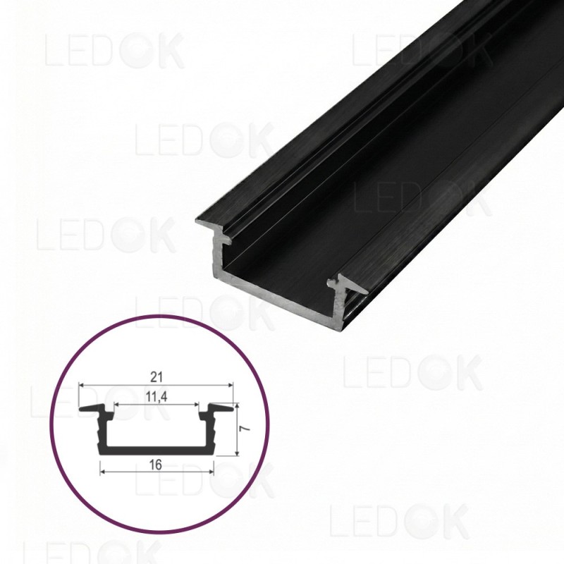 2m Juodas įmontuojamas aliuminis profilis LED juostoms 6x16mm