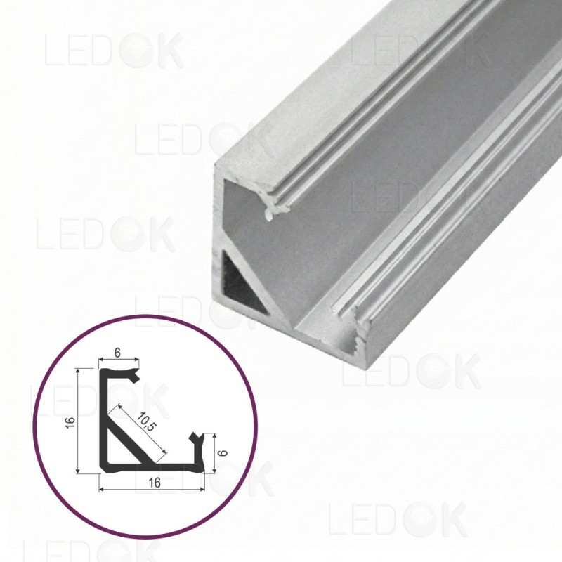 2m Pilkas kampinis aliuminis profilis LED juostoms 16x16mm 45° (Anoduotas)