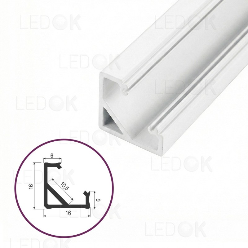 2m Baltas kampinis aliuminis profilis LED juostoms 16x16mm 45° 2 metrai