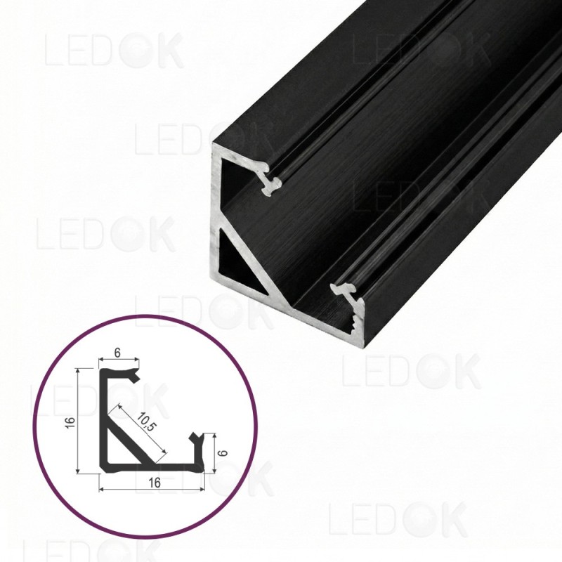 3m Juodas kampinis aliuminis profilis LED juostoms 16x16mm 45°