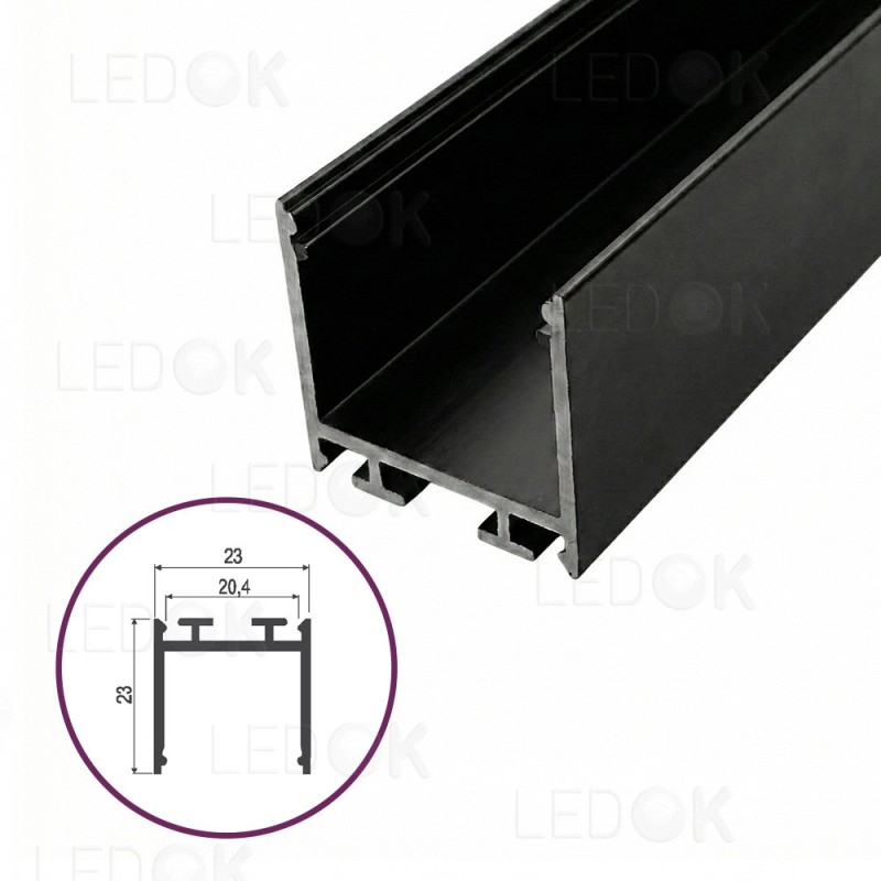 2m Juodas paviršinis aliuminis profilis LED juostoms 23x23mm