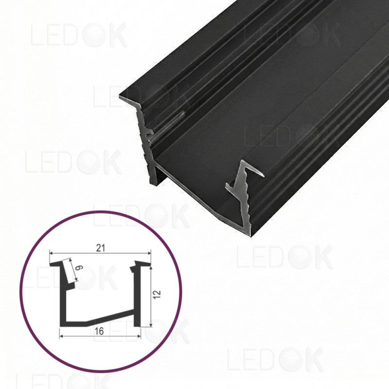 3m Juodas įmontuojamas aliuminis profilis LED juostoms su kampu 12x16mm
