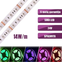 SMD Spalvota RGB 14.4W/m 24V nehermetiška LED juosta 60LED/m IP20 120°