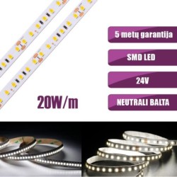 SMD Neutrali balta 4000K 20W/m 24V nehermetiška LED juosta 120LED/m IP20 120°