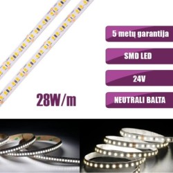 SMD Šilta balta 3000K 28W/m 24V nehermetiška LED juosta 168LED/m IP20 120°