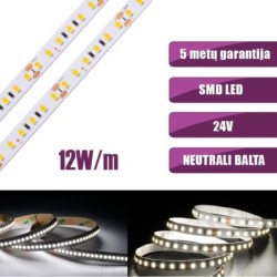 SMD Neutrali balta 4000K 12W/m 24V nehermetiška LED juosta 120LED/m IP20 120°