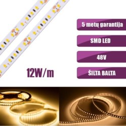 SMD Šilta balta 3000K 12W/m 48V nehermetiška LED juosta 120LED/m IP20 120°