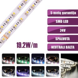 SMD Spalvota + neutrali balta RGB+4000K 19.2W/m 24V nehermetiška LED juosta 60LED/m IP20 120°