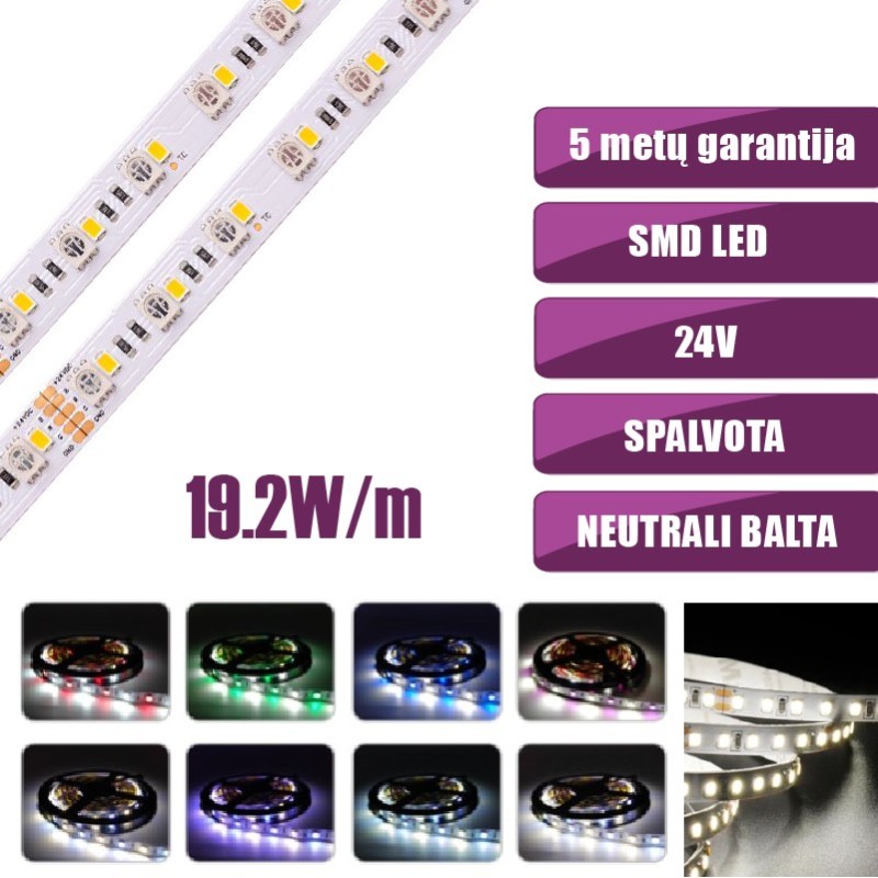 SMD Spalvota + neutrali balta RGB+4000K 19.2W/m 24V nehermetiška LED juosta 60LED/m IP20 120°