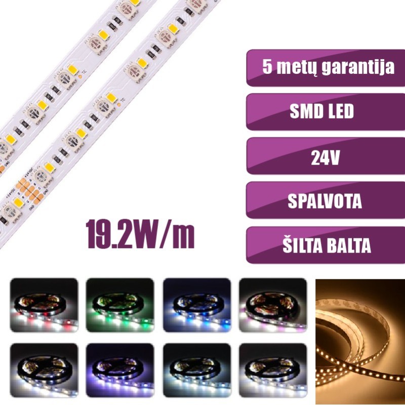 SMD Spalvota + šilta balta RGB+3000K 19.2W/m 24V nehermetiška LED juosta 60LED/m IP20 120°