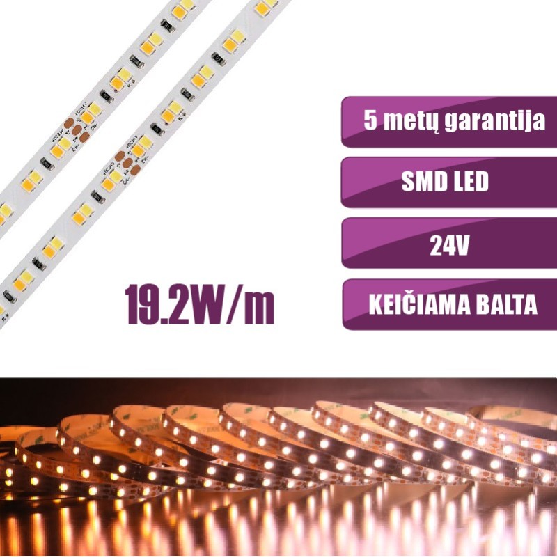 SMD CCT keičiama 2700-6500K 19.2W/m 24V nehermetiška LED juosta 168LED/m IP20 120°