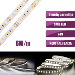 SMD Neutrali balta 4000K 6W/m 24V nehermetiška LED juosta 120LED/m IP20 120°