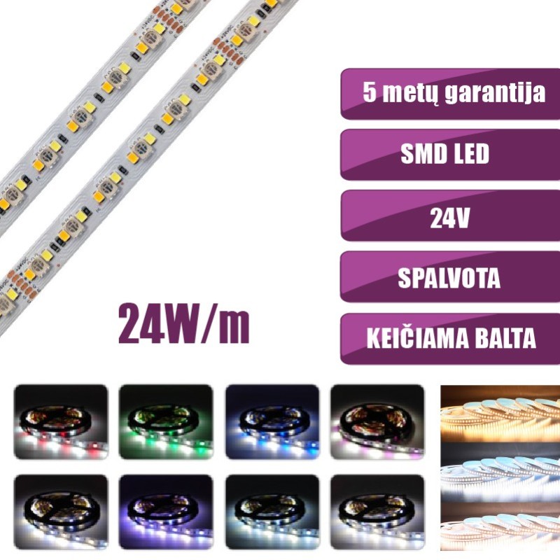 SMD Spalvota + CCT keičiama RGB+CCT (2700K-6500K) 19.2W/m 24V nehermetiška LED juosta IP20 120°