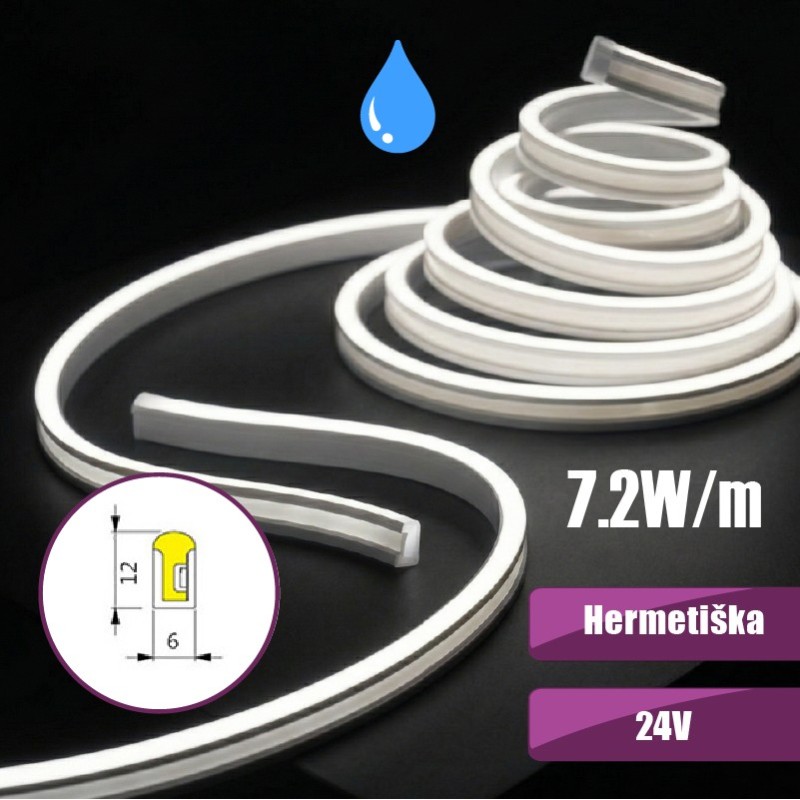 5m NEON FLEX Neutrali balta 4000K 7.2W/m 24V hermetiška LED juosta 6x12mm IP68