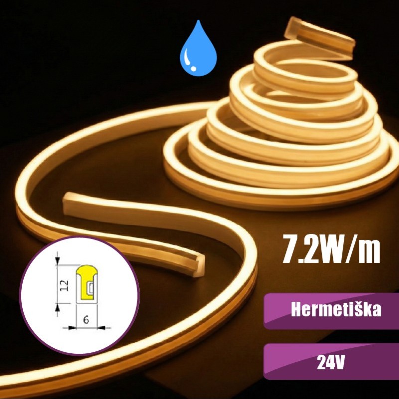 5m NEON FLEX Šilta balta 3000K 7.2W/m 24V hermetiška LED juosta 6x12mm IP68
