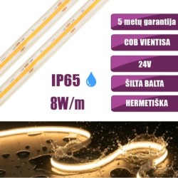 COB vientisa Šilta balta 3000K 8W/m 24V hermetiška LED juosta 320LED/m IP65 CRI90