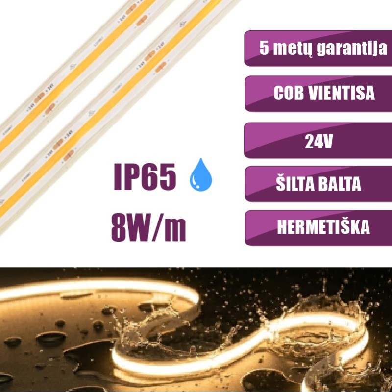 COB vientisa Šilta balta 3000K 8W/m 24V hermetiška LED juosta 320LED/m IP65 CRI90