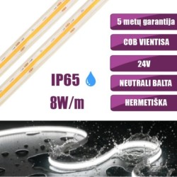 COB vientisa Neutrali balta 4000K 8W/m 24V hermetiška LED juosta 320LED/m IP65 CRI90