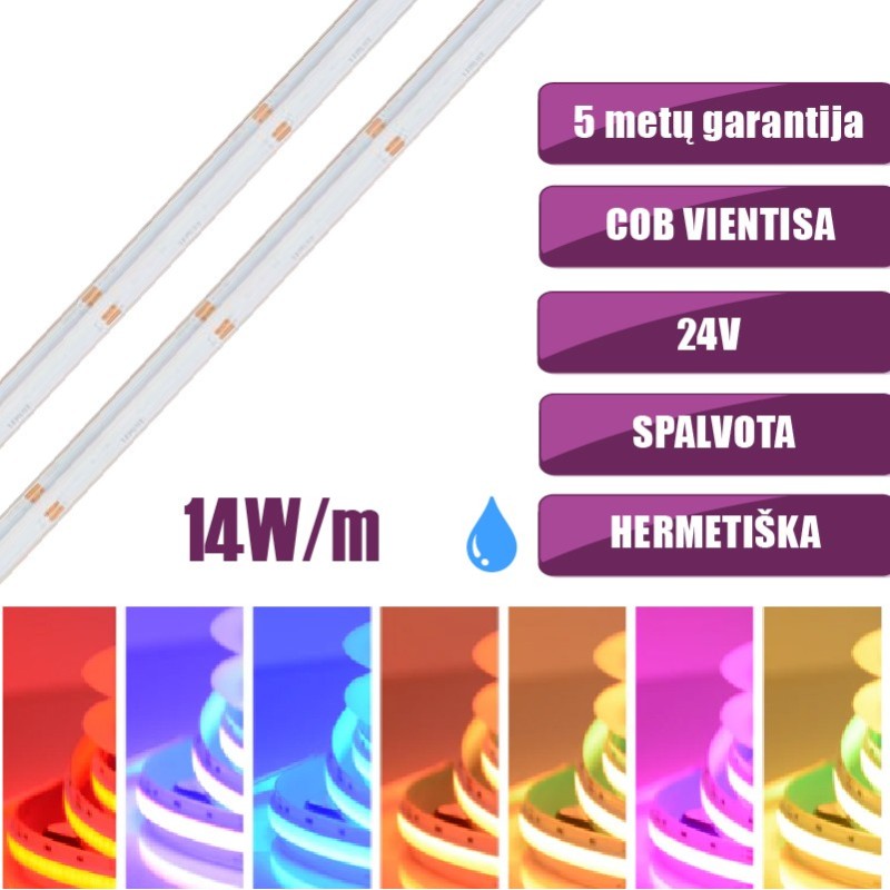 COB vientisa spalvota RGB 14W/m 24V hermetiška LED juosta 576LED/m IP67 180°